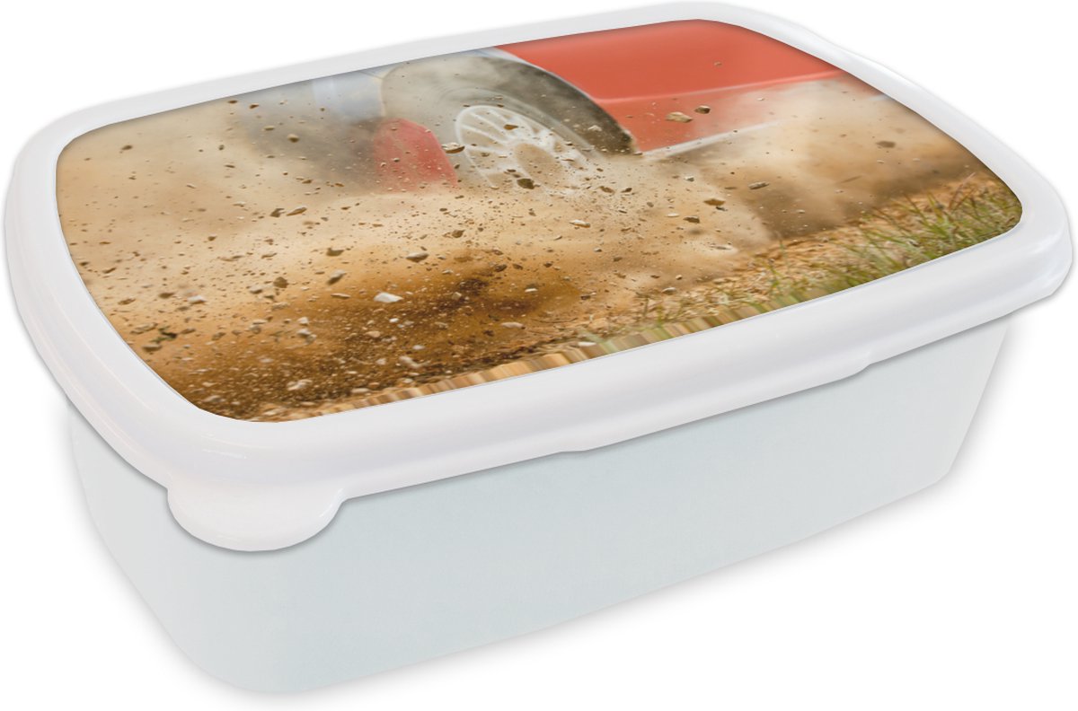 Broodtrommel Wit - Lunchbox - Brooddoos - Auto - Race - Wiel - 18x12x6 cm - Volwassenen