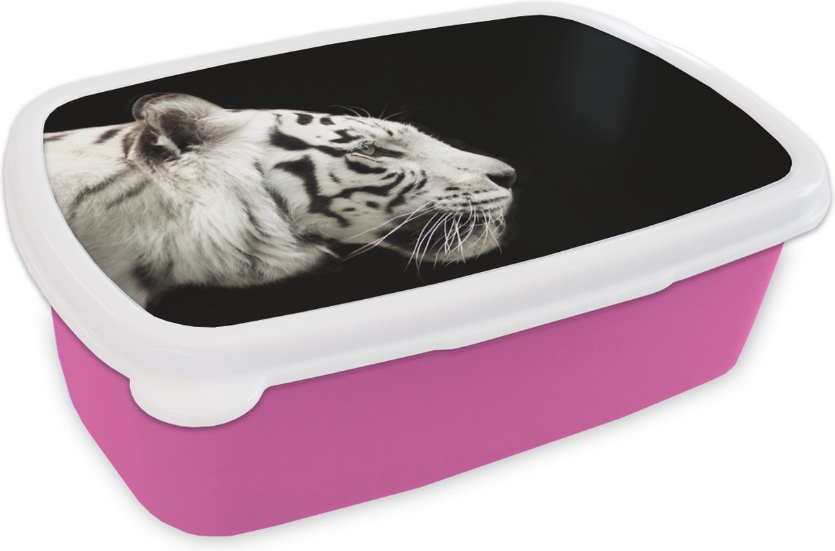 Broodtrommel Roze - Lunchbox - Brooddoos - Tijger - Wit - Zwart - 18x12x6 cm - Kinderen - Meisje