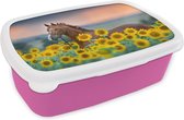 Broodtrommel Roze - Lunchbox Paard - Zonnebloem - Lucht - Pastel - Brooddoos 18x12x6 cm - Brood lunch box - Broodtrommels voor kinderen en volwassenen