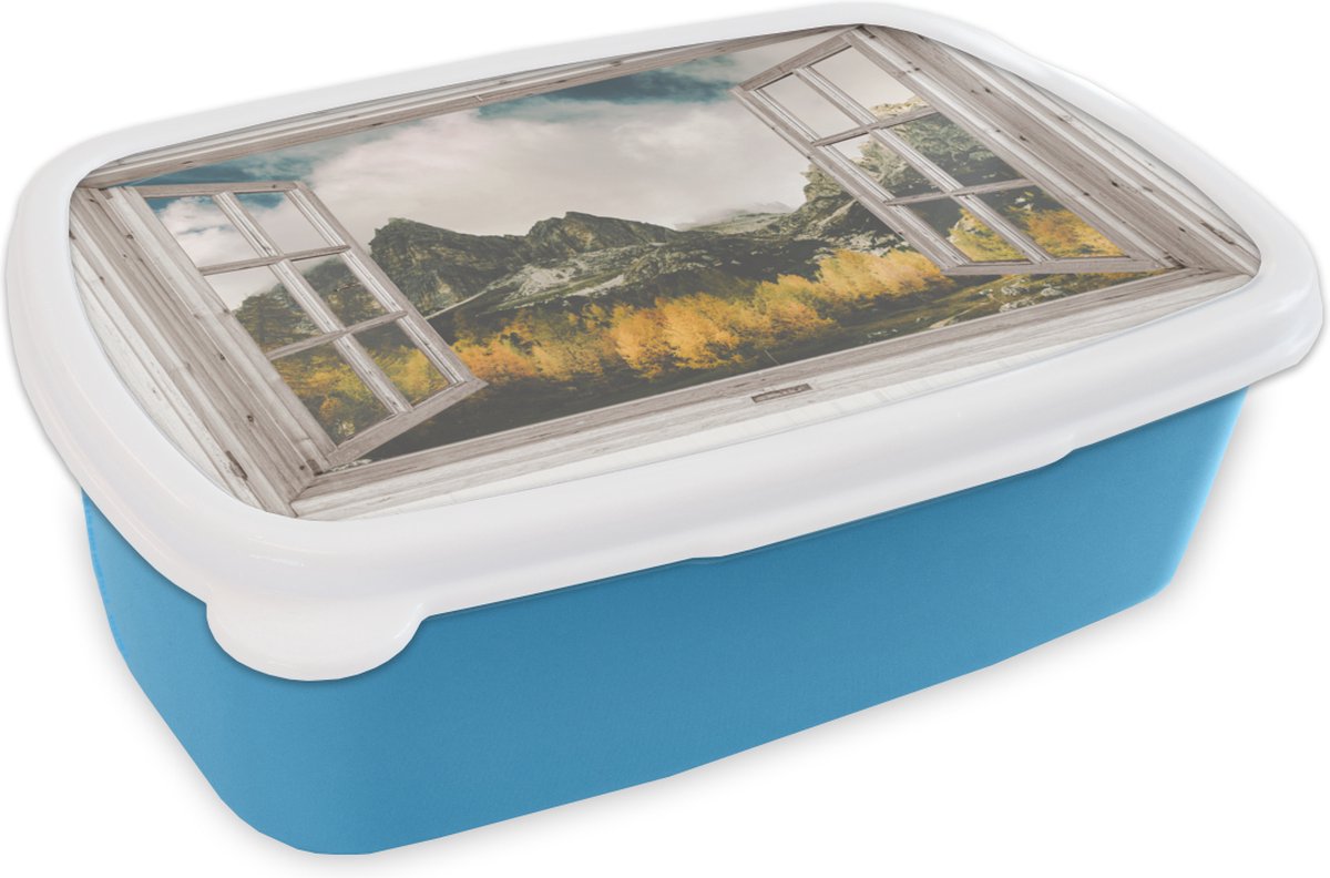 Broodtrommel Blauw - Lunchbox - Brooddoos - Doorkijk - Berg - Herfst - 18x12x6 cm - Kinderen - Jongen
