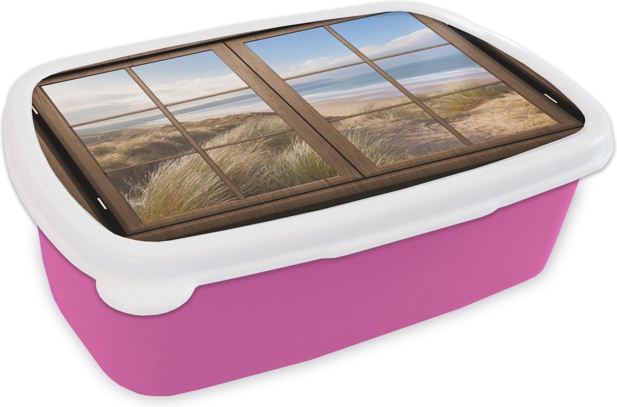 Broodtrommel Roze - Lunchbox - Brooddoos - Doorkijk - Strand - Hout - 18x12x6 cm - Kinderen - Meisje