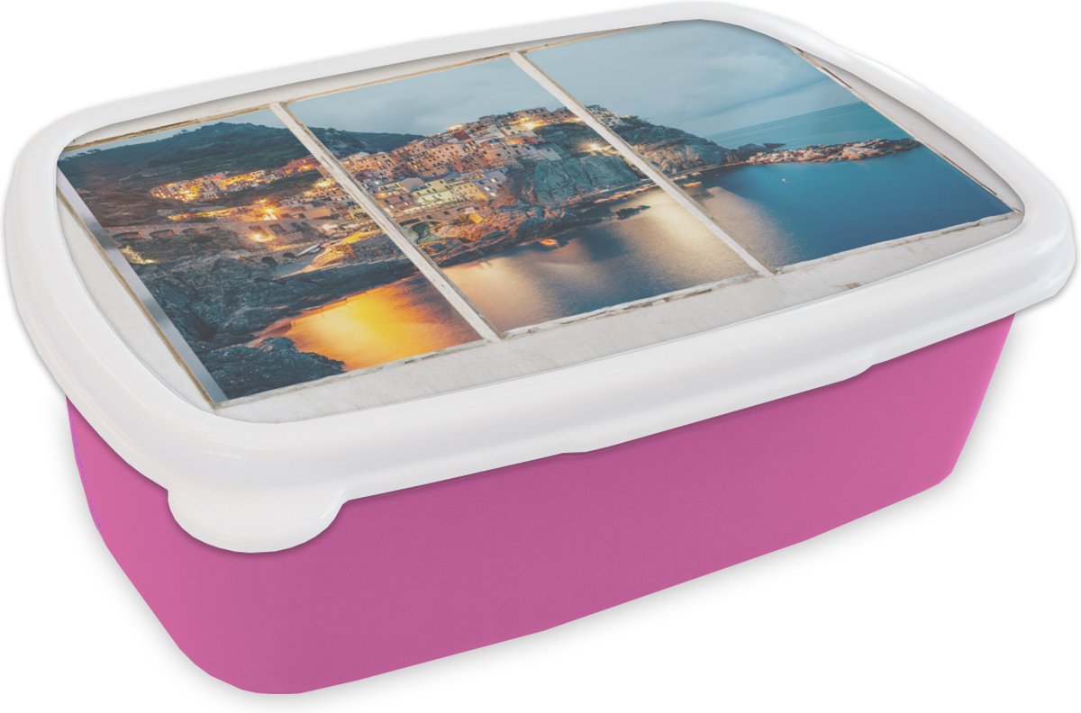 Broodtrommel Roze - Lunchbox - Brooddoos - Doorkijk - Zee - Italië - 18x12x6 cm - Kinderen - Meisje