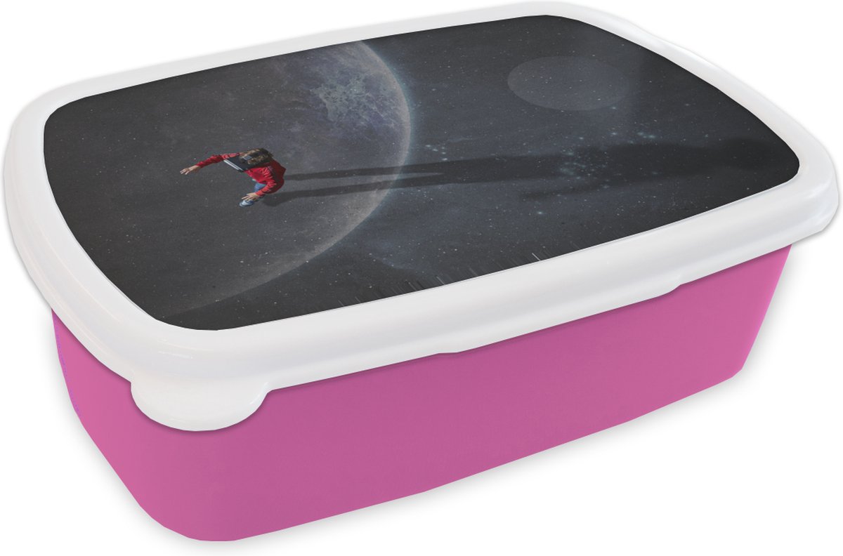 Broodtrommel Roze - Lunchbox - Brooddoos - Eerste kind op de maan - 18x12x6 cm - Kinderen - Meisje