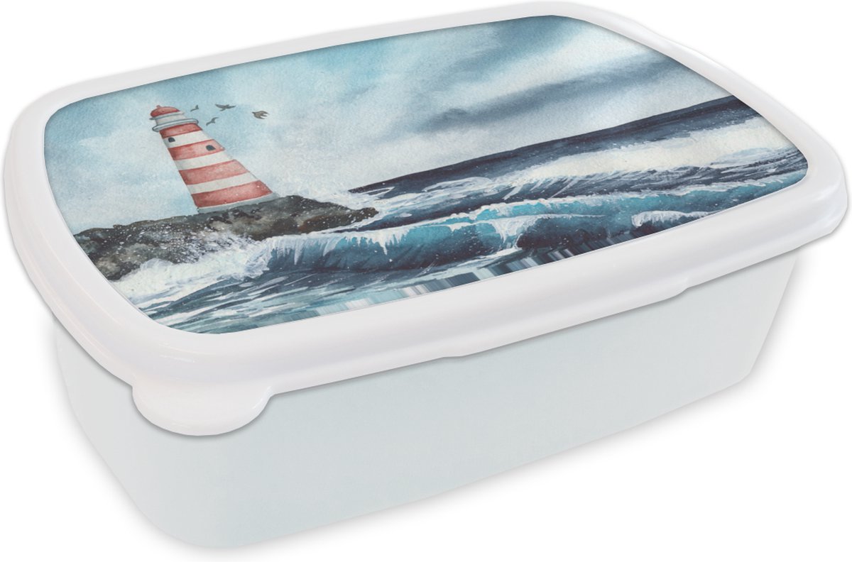 Broodtrommel Wit - Lunchbox - Brooddoos - Vuurtoren - Zee - Golf - 18x12x6 cm - Volwassenen