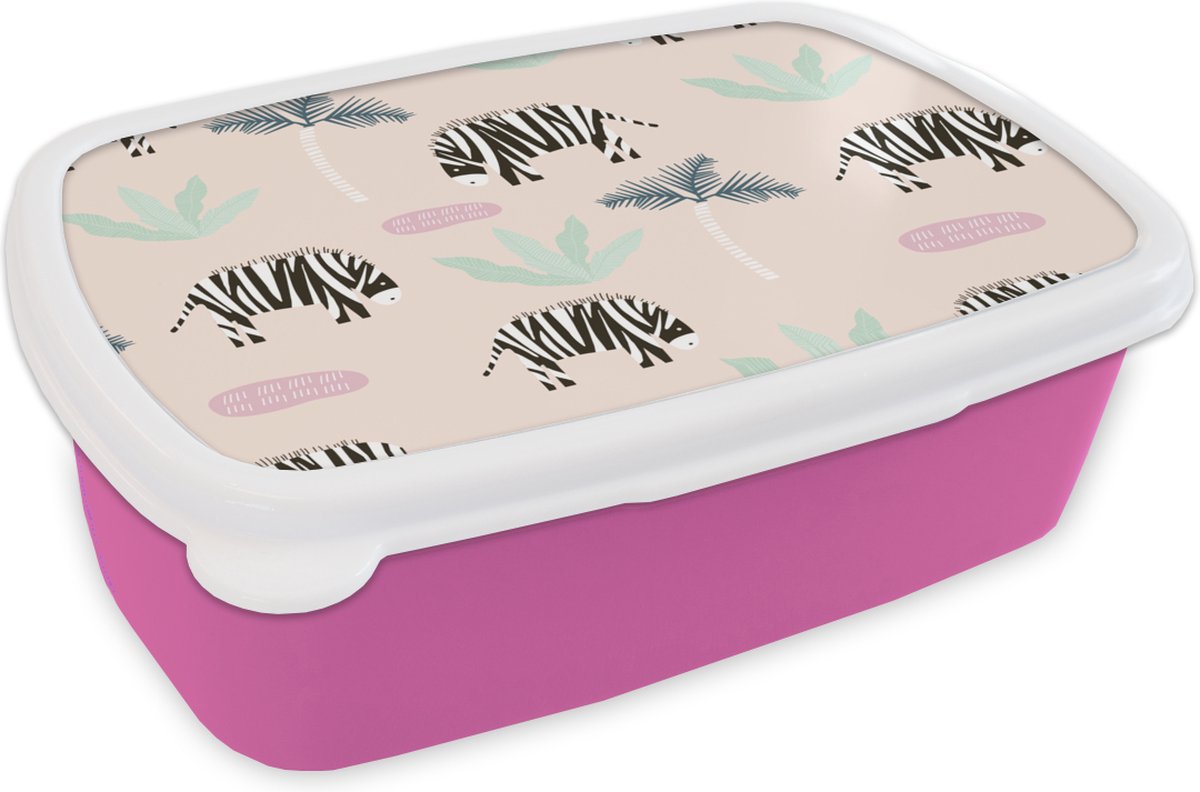Broodtrommel Roze - Lunchbox - Brooddoos - Zebra - Boom - Pastel - 18x12x6 cm - Kinderen - Meisje