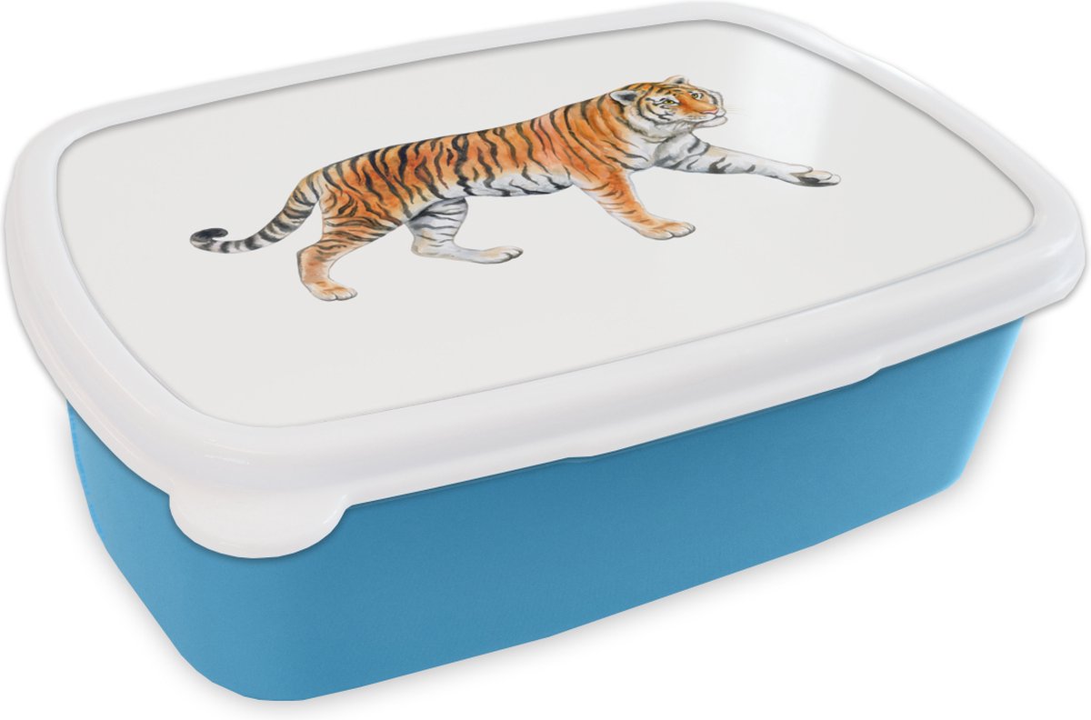 Broodtrommel Blauw - Lunchbox - Brooddoos - Tijger - Oranje - Wit - 18x12x6 cm - Kinderen - Jongen