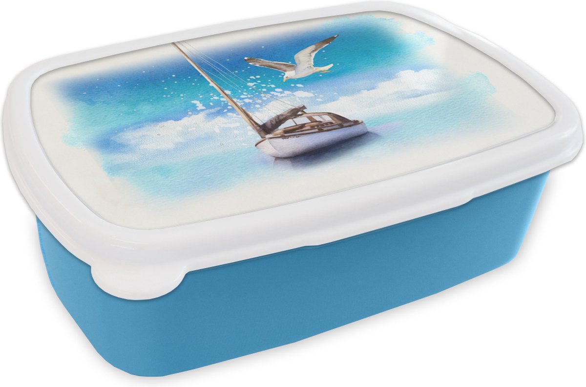 Broodtrommel Blauw - Lunchbox - Brooddoos - Boot - Water - Meeuw - 18x12x6 cm - Kinderen - Jongen