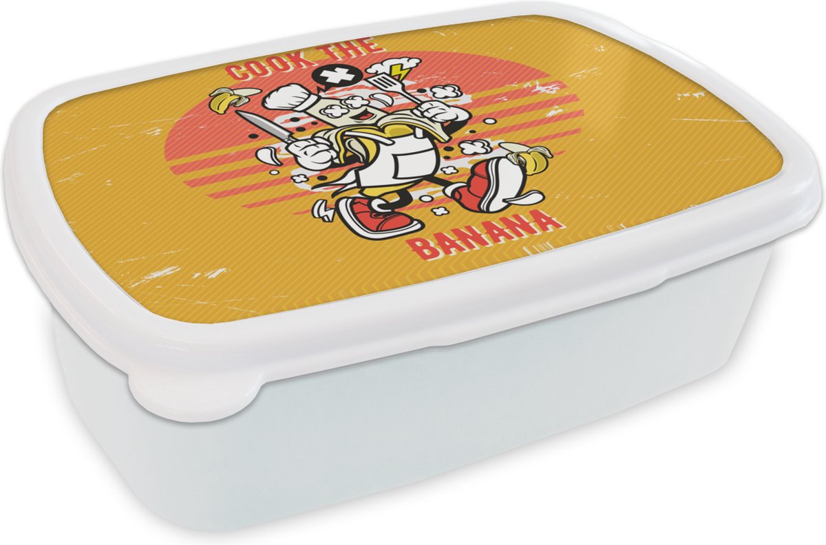 Broodtrommel Wit - Lunchbox - Brooddoos - Vintage - Banaan - Schort - 18x12x6 cm - Volwassenen