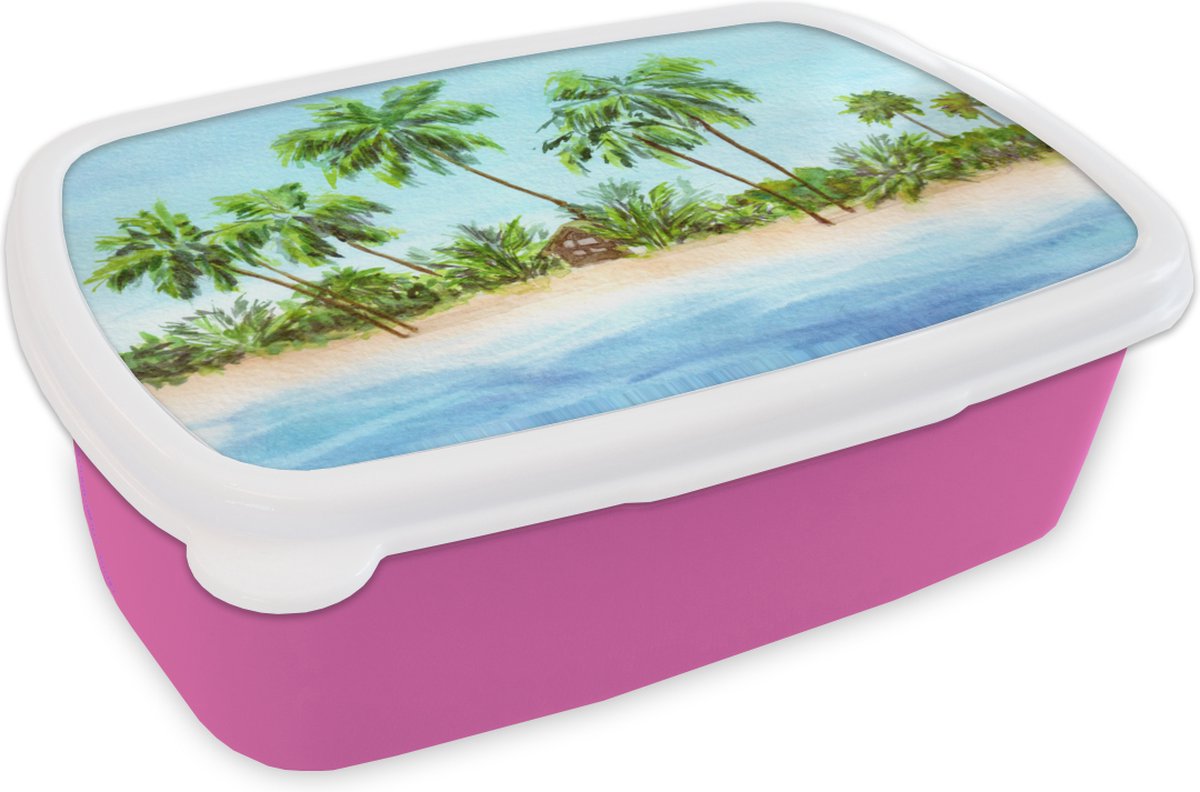 Broodtrommel Roze - Lunchbox - Brooddoos - Palmboom - Hut - Strand - 18x12x6 cm - Kinderen - Meisje