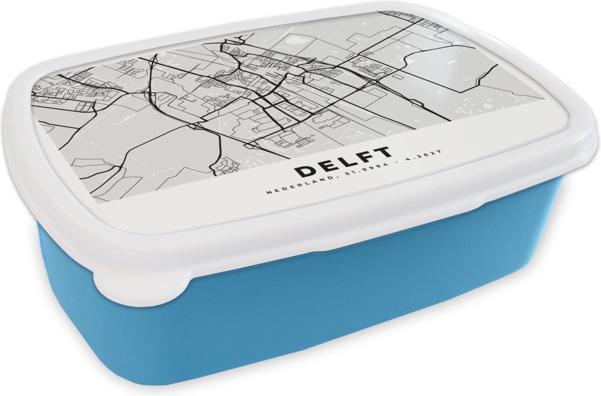 Broodtrommel Blauw - Lunchbox - Brooddoos - Kaart - Delft - Zwart - Wit - 18x12x6 cm - Kinderen - Jongen