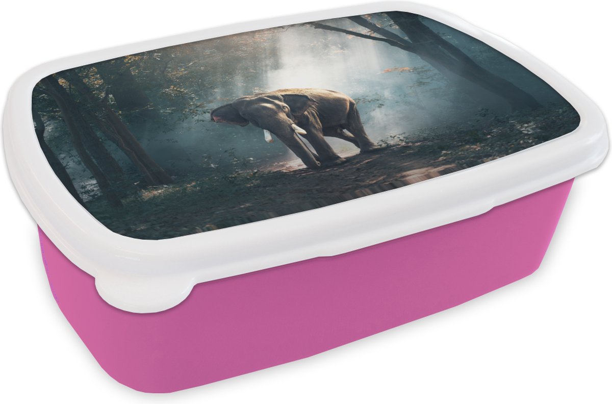 Broodtrommel Roze - Lunchbox - Brooddoos - Olifant - Bos - Zon - 18x12x6 cm - Kinderen - Meisje