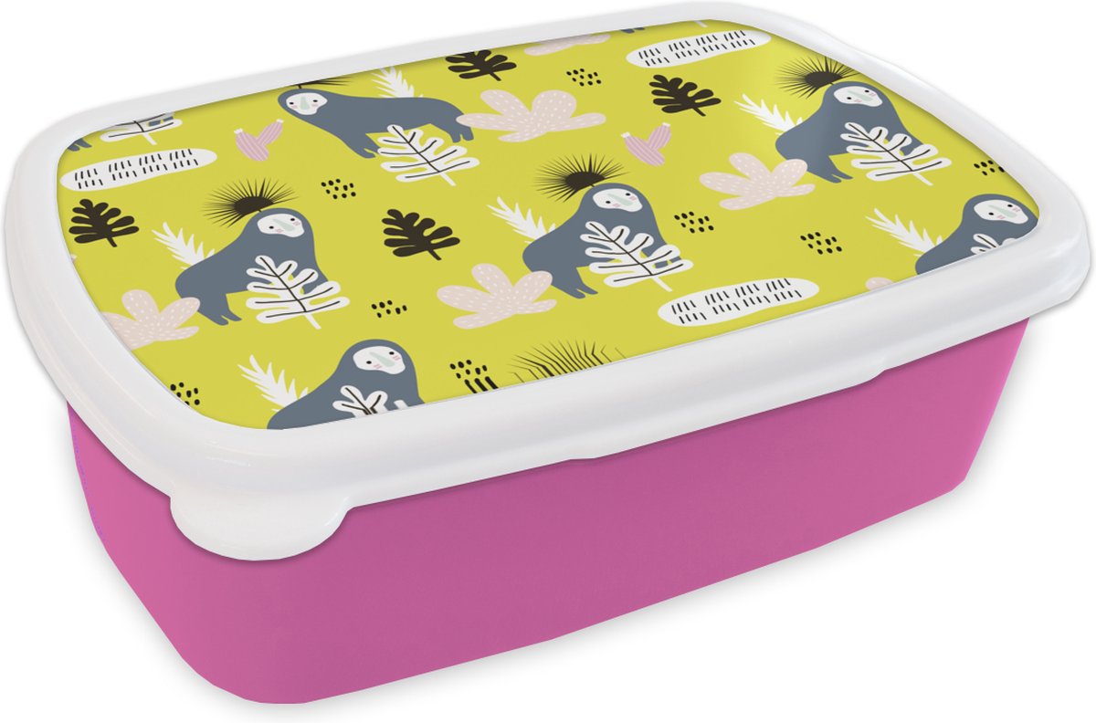 Broodtrommel Roze - Lunchbox - Brooddoos - Aap - Blad - Geel - 18x12x6 cm - Kinderen - Meisje
