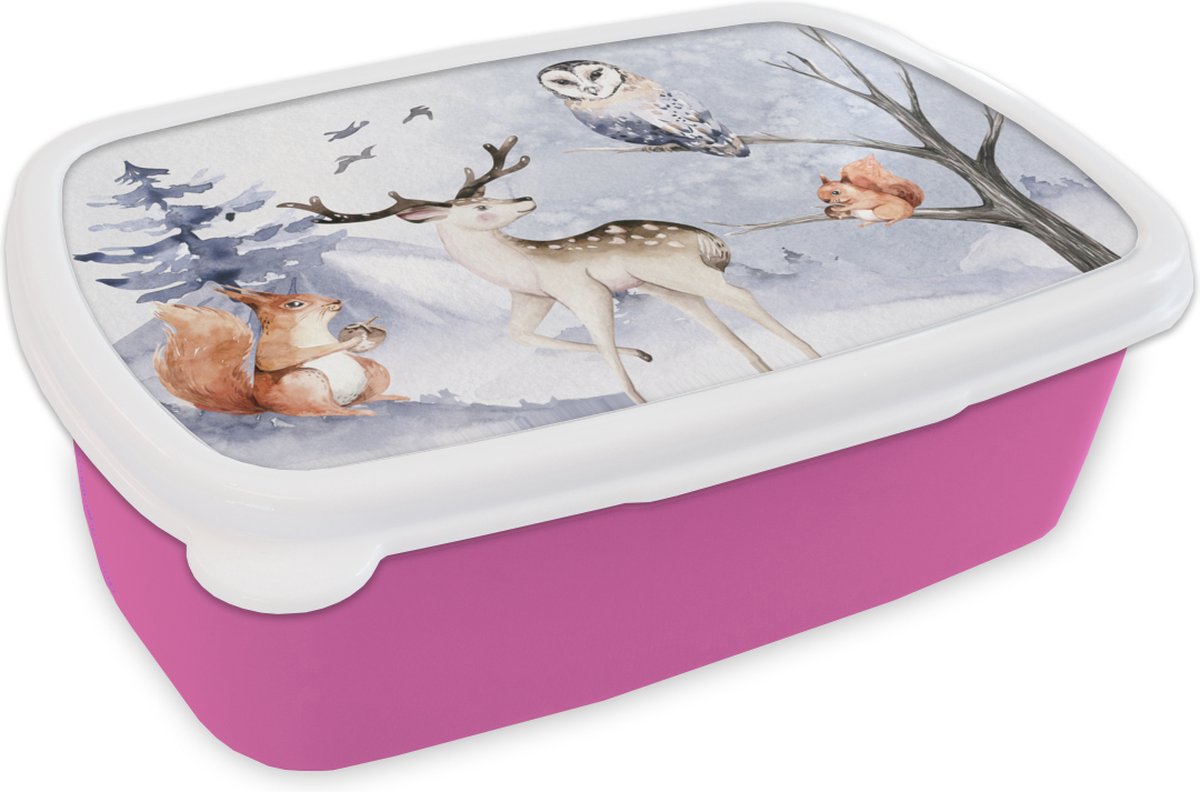 Broodtrommel Roze - Lunchbox - Brooddoos - Winter - Sneeuw - Hert - 18x12x6 cm - Kinderen - Meisje