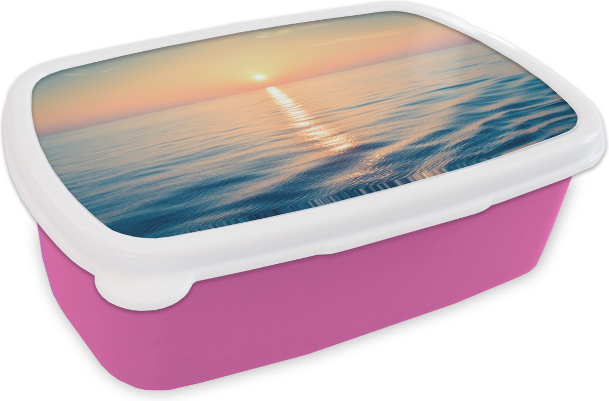Broodtrommel Roze - Lunchbox - Brooddoos - Zon - Zee - Kleuren - 18x12x6 cm - Kinderen - Meisje