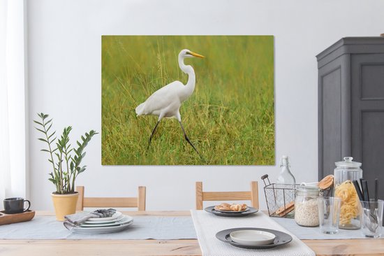 Tableau sur toile Grande aigrette marchant dans une pelouse - 120x90 cm - Décoration murale