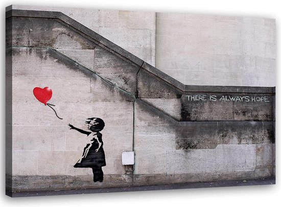 Trend24 - Canvas Schilderij - Banksy Muurschildering Meisje Met Ballon Hart - Schilderijen - Reproducties - 100x70x2 cm - Zwart