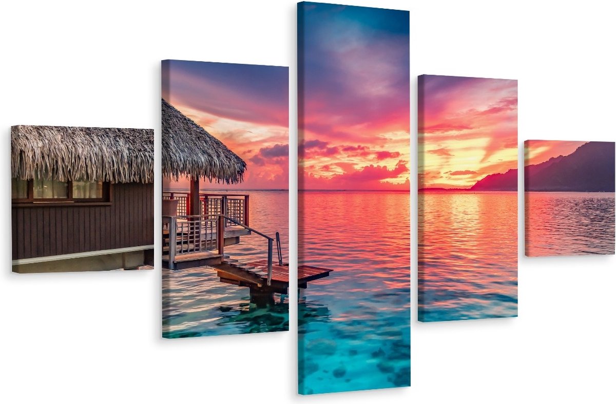 karo-art Schilderij - Zonsondergang vanuit Strandhuis, Premium Print Multikleur