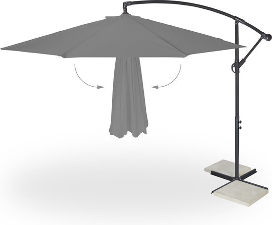 zweefparasol met voet - Ø 300 cm - met hoes en zwengel - draaibaar - kruisvoet - grijs
