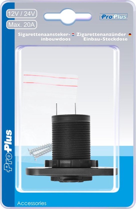 ProPlus sigarettenaansteker inbouwdoos, 12V/24V, Max. 20A, zwart, in blisterverpakking.