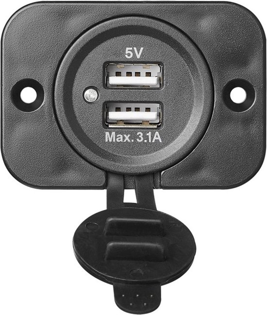 Zwarte dubbele USB-poort met geopend klepje, 5V, 3.1A.