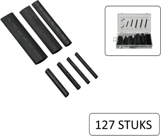 Drie grote en vier kleine zwarte krimpkousen van Benson Tools, naast een koffer met set krimpkousen. 127 stuks.