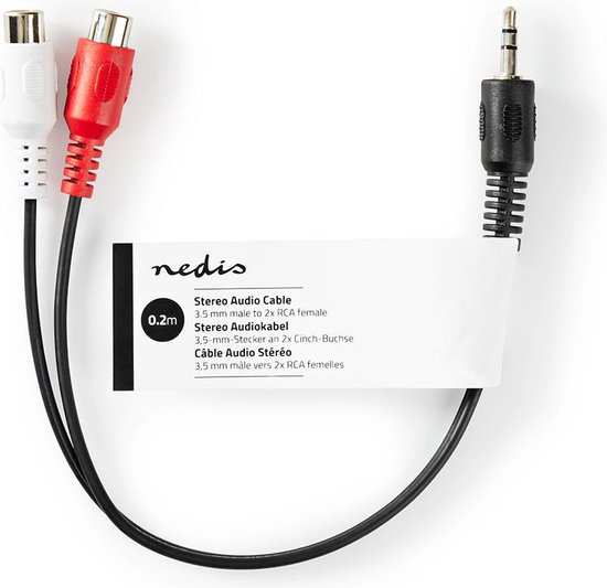 Nedis Stereo-Audiokabel - 3,5 mm Male - 2x RCA Female - Vernikkeld - 0.20 m - Rond - Zwart - Label - Nedis