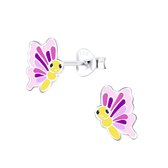 Joy|S - Zilveren vlinder oorbellen - 6 x 9 mm - paars geel