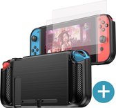 Nintendo Switch case - TPU Beschermhoes - Carbon Zwart - met 2x Screenprotector Glas
