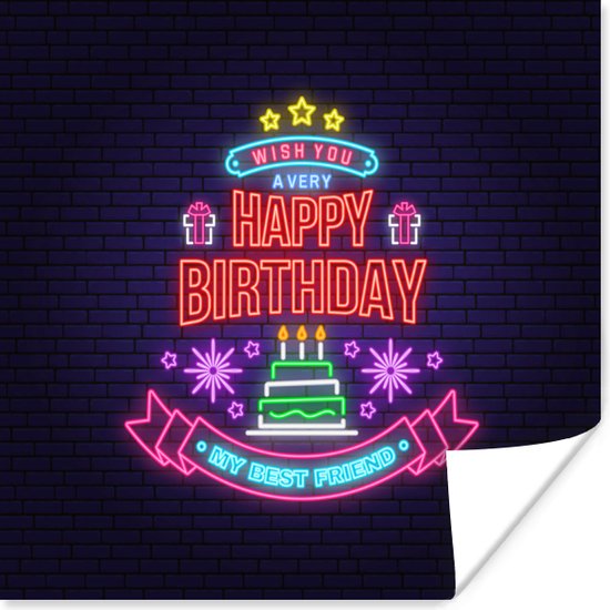 Poster Happy Birthday - Party - Neon - 100x100 cm XXL