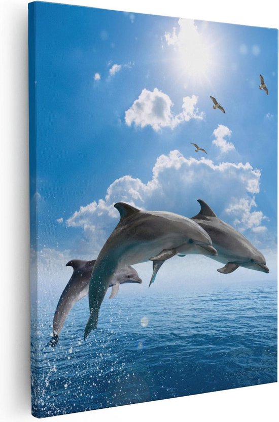 Artaza - Canvas Schilderij - Dolfijnen Springen uit de Blauwe Zee - 80x100 - Groot - Foto Op Canvas - Canvas Print