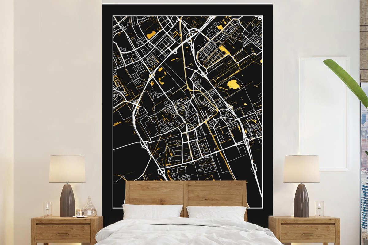 Behang - Fotobehang Kaart - Delft - Goud - Zwart - Breedte 160 cm x hoogte 240 cm