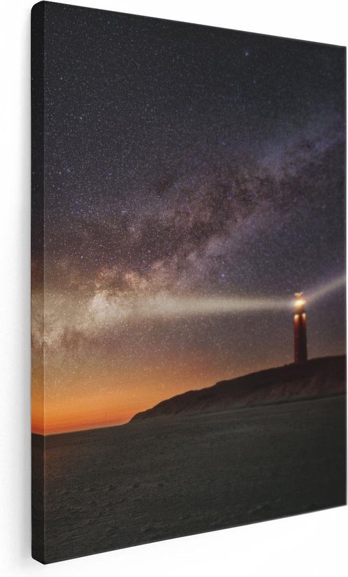 Artaza Canvas Schilderij Vuurtoren Texel in de Nacht  - 60x80 - Foto Op Canvas - Canvas Print