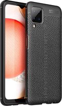 Samsung Galaxy A12 Litchi Hoesje TPU Met Leren Textuur Zwart
