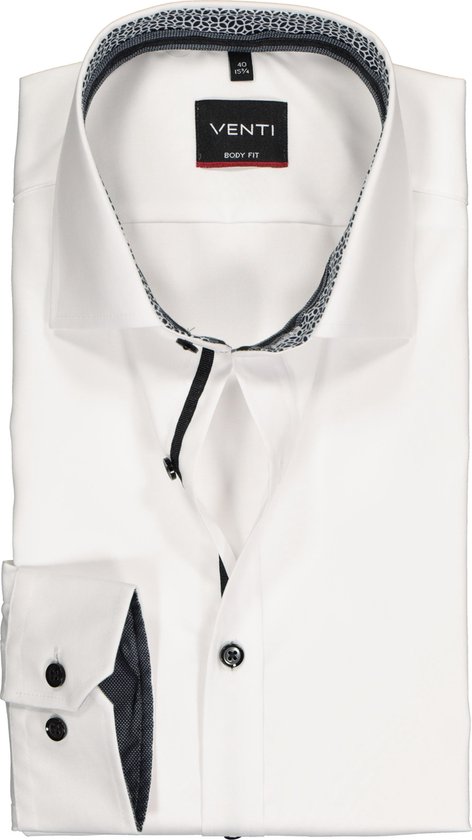 VENTI body fit overhemd - wit twill (zwart contrast) - Strijkvriendelijk - Boordmaat: