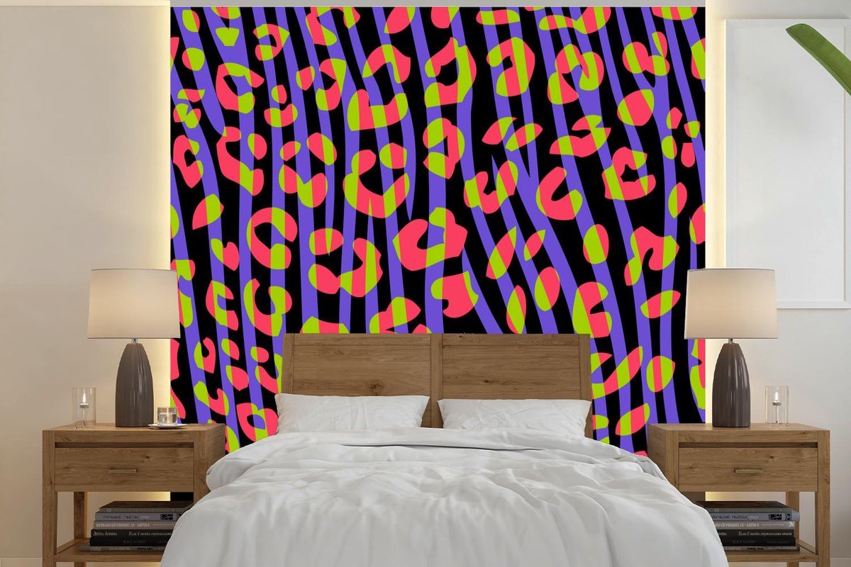 Behang - Fotobehang Panterprint - Zebra - Neon - Breedte 260 cm x hoogte 260 cm