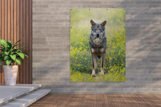 Décoration murale extérieure Loup - Fleurs - Jaune - 120x160 cm - Toile de jardin - Poster extérieur
