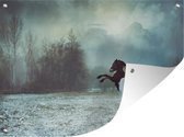 Tuinschilderij Paarden - Vrouw - Sneeuw - 80x60 cm - Tuinposter - Tuindoek - Buitenposter