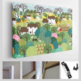Vectorillustratie van een landschap met huizen, bomen, landbouw, vee en gras - Modern Art Canvas - Horizontaal - 1906951516