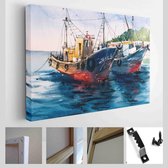 Aquarel schilderij - vissersboten in de haven - moderne kunst canvas - horizontaal - 1365239981