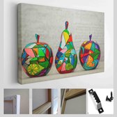 De houten appel en peer zijn met de hand beschilderd. Handgemaakte, hedendaagse kunst - Modern Art Canvas - Horizontaal - 336050681