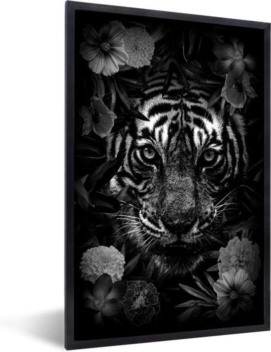 Cadre photo avec affiche Zwart Wit- Tigre parmi les fleurs - noir et blanc - 20x30 cm - Cadre pour affiche