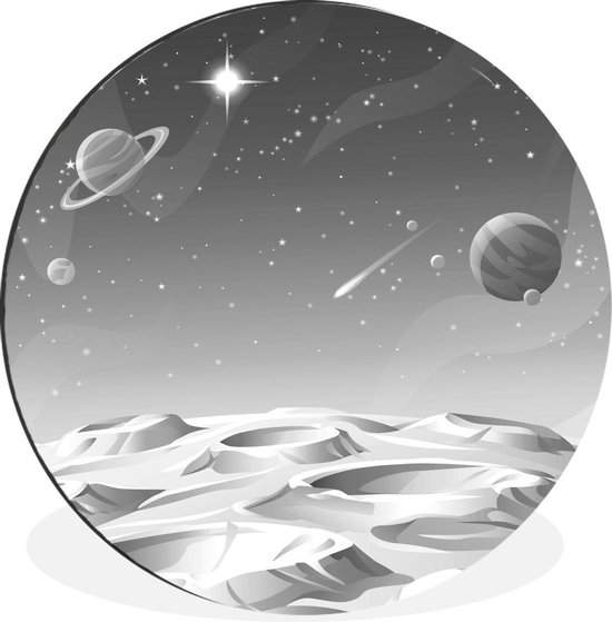 WallCircle - Cercle mural - Cercle mural - Une illustration d'une lune entre les planètes - noir et blanc - Aluminium - Dibond - 60x60 cm - Intérieur et Extérieur
