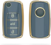 kwmobile autosleutel hoesje compatibel met VW Skoda Seat 3-knops autosleutel - autosleutel behuizing in blauw / goud