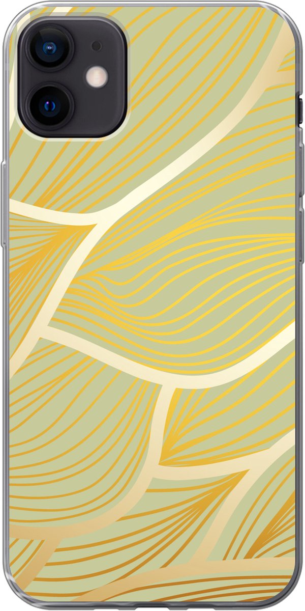Telefoonhoesje Geschikt voor iPhone 12 mini hoesje - Gouden golven op een groene achtergrond - Siliconen Telefoonhoesje Telefoonhoesje