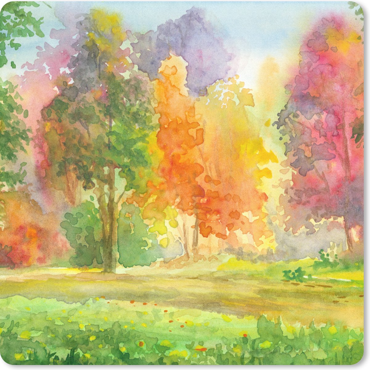 Muismat 20x20 cm - Mousepad Een kleurrijke illustratie van bomen - Muismatten