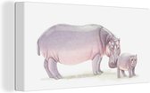 Canvas Schilderij Nijlpaard - Kalf - Waterverf - 80x40 cm - Wanddecoratie