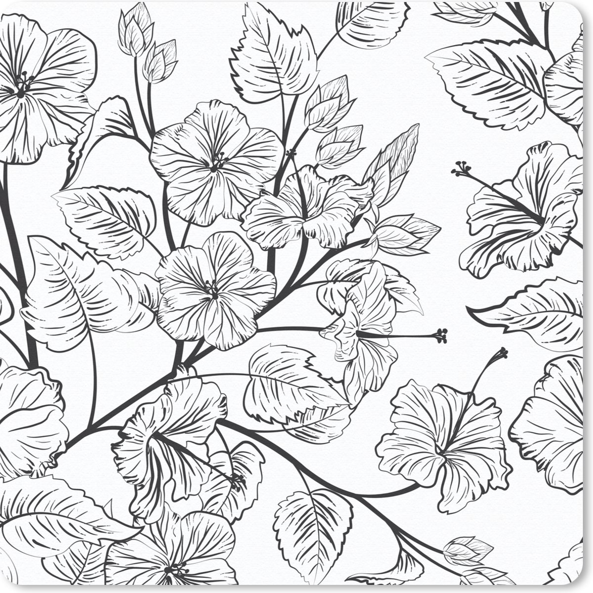 Muismat 30x30 cm - Mousepad Een zwart wit illustratie van een bloemdessin - Muismatten