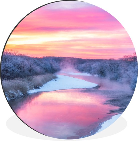 WallCircle - Wandcirkel - Muurcirkel - Kleurrijke lucht boven een kalm winters landschap - Aluminium - Dibond - ⌀ 60 cm - Binnen en Buiten