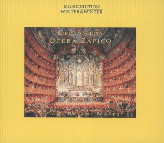 Albumhoes met een schilderij van een theater met publiek, met de titel 'Forma Antiqua Opera Zapico'.