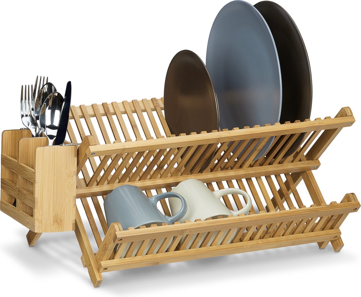 Goedkoopste afdruiprek met bestekmand - 2 etages - bamboe - inklapbaar - 24 x 46 x 28 cm